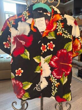 Steven Wear Black Hawaiian Floral Camp Shirt with Red & White Hibiscus